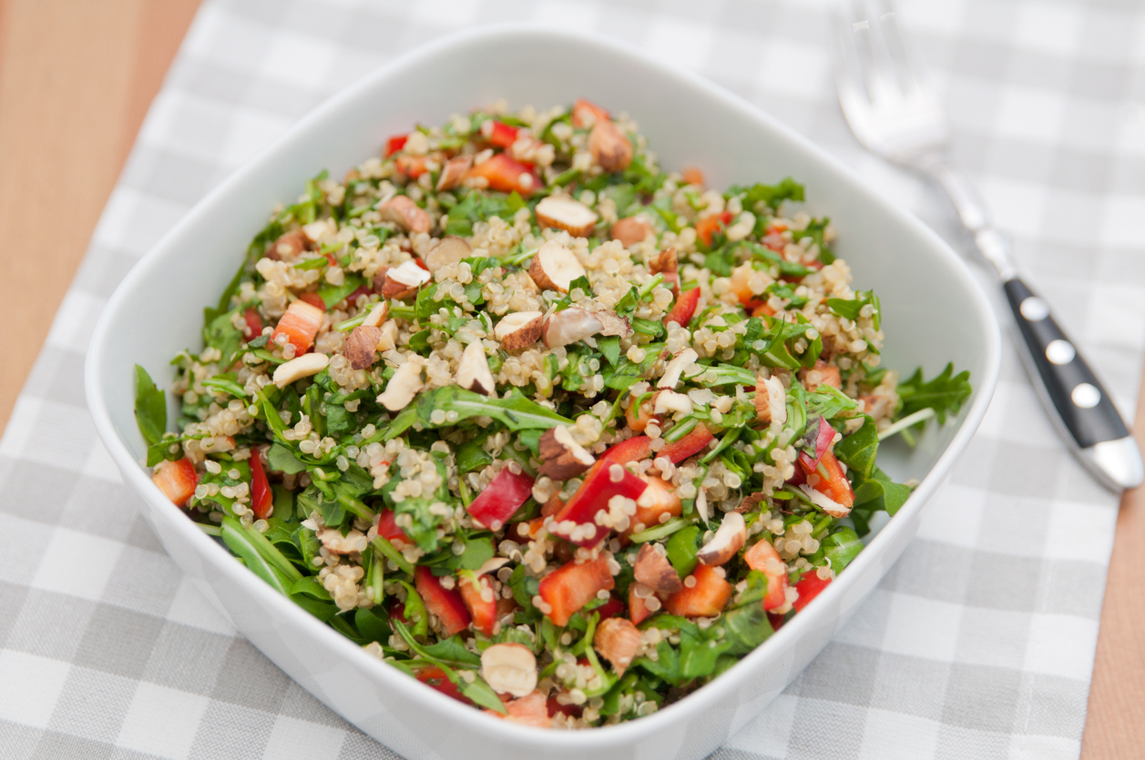 Healthy Quinoa Salad with red pepper and hazelnuts